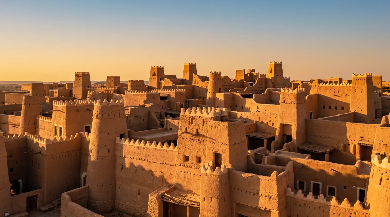 حي الطريف في الدرعية عند الغروب، عمارة نجدية طينية، موقع يونسكو للتراث العالمي