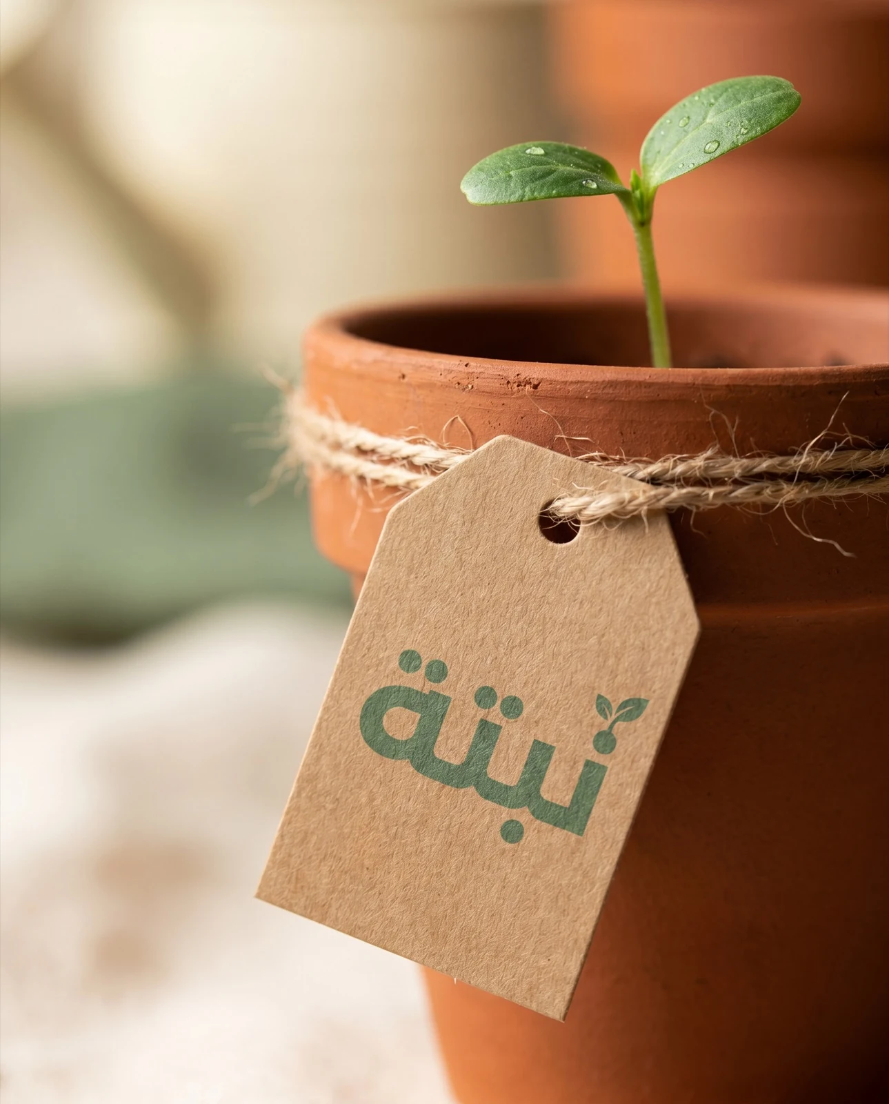 تاق العلامة على أصيص الشتلة، والهوية تشتغل بحجم راحة اليد.