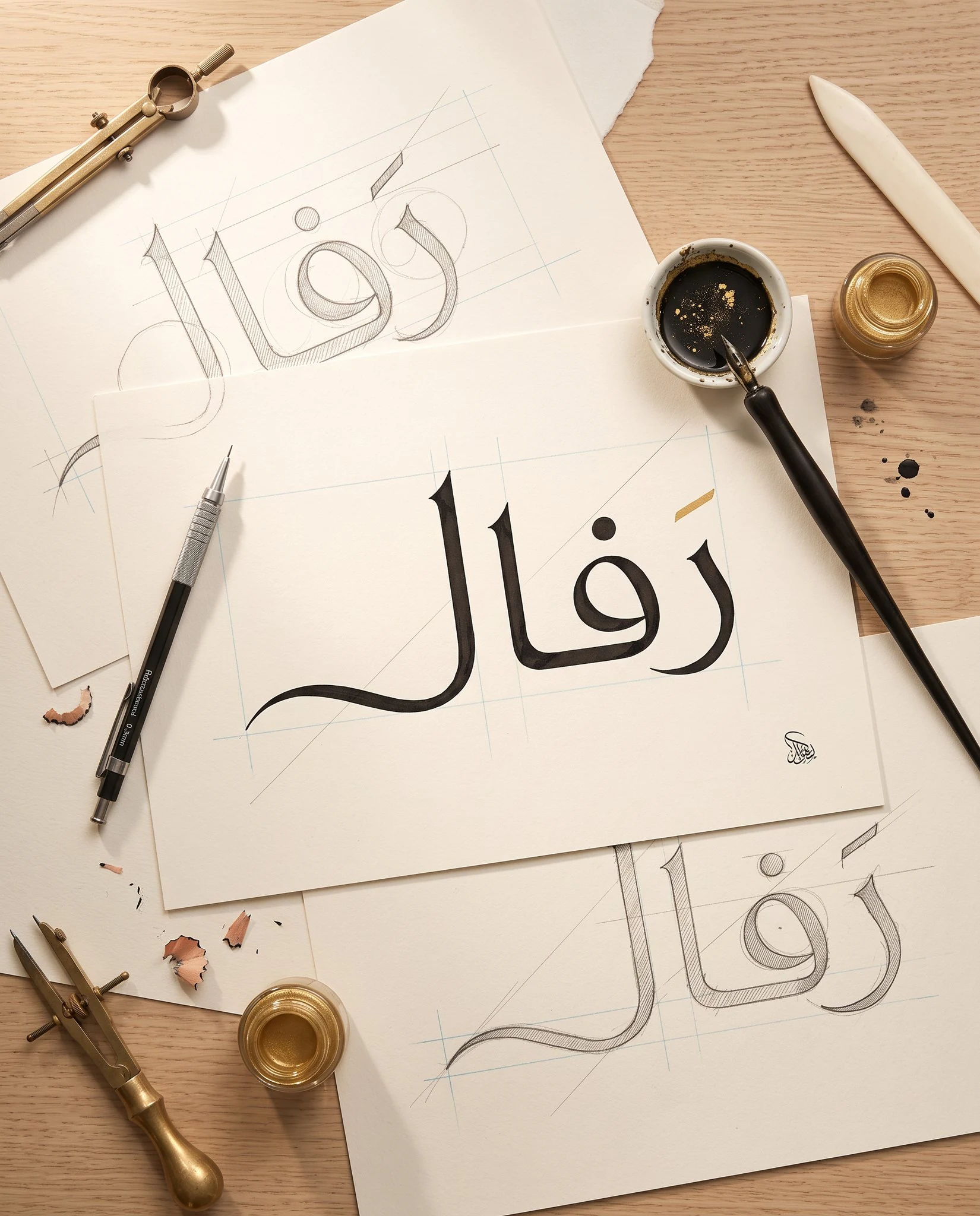 مشق الحروفية على طاولة الخطاط: من قلم الرصاص إلى الحبر، والفتحة تُذهَّب أخيراً.